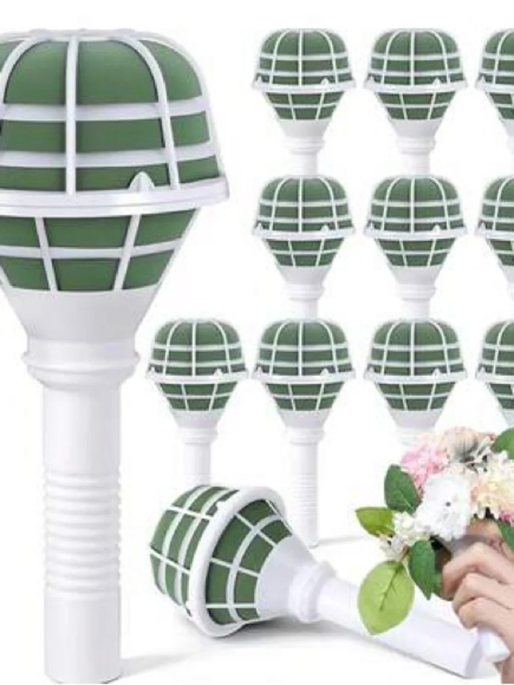 Floral Foam Holder Picks - Green/White Flower Arrangement Stakes (12 Pack)